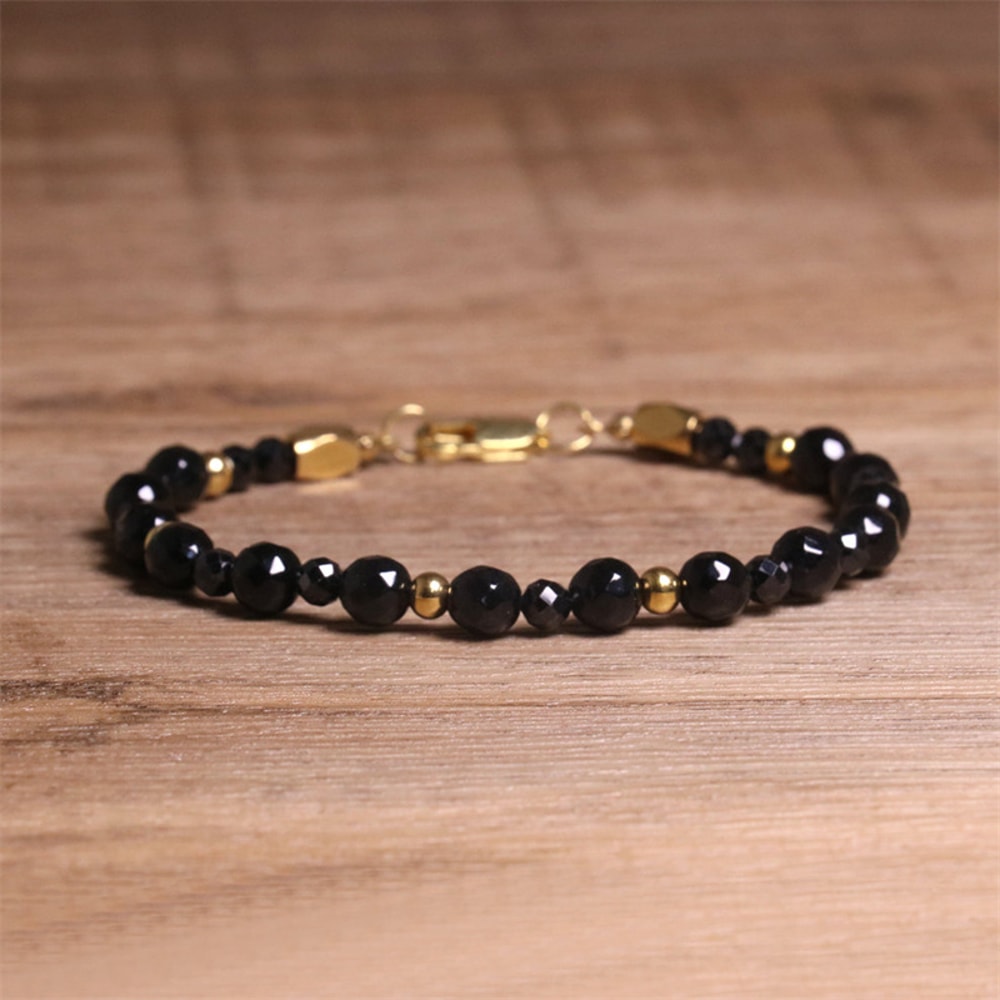 Adjustable Natural Faceted Beaded Bracelet Black Onyx Stainless Steel Chain Jewelry Gift For Yoga A 0