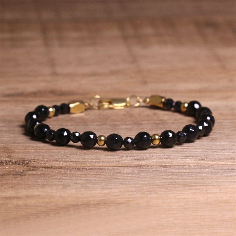 Adjustable Natural Faceted Beaded Bracelet Black Onyx Stainless Steel Chain Jewelry Gift For Yoga A 0
