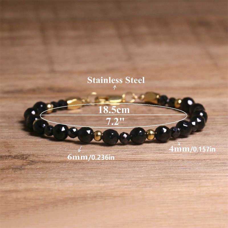 Adjustable Natural Faceted Beaded Bracelet Black Onyx Stainless Steel Chain Jewelry Gift For Yoga A 1