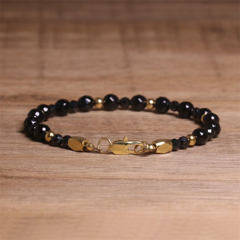 Adjustable Natural Faceted Beaded Bracelet Black Onyx Stainless Steel Chain Jewelry Gift For Yoga A 2