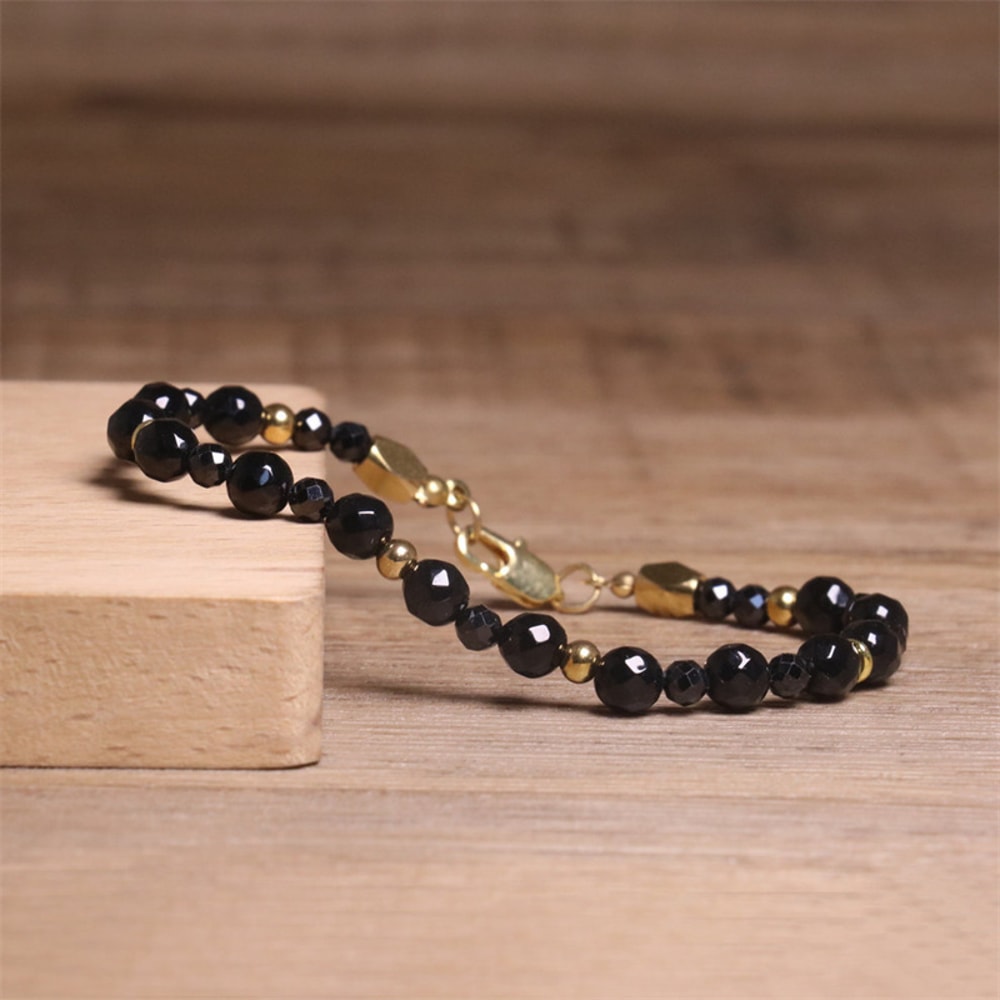 Adjustable Natural Faceted Beaded Bracelet Black Onyx Stainless Steel Chain Jewelry Gift For Yoga A 3