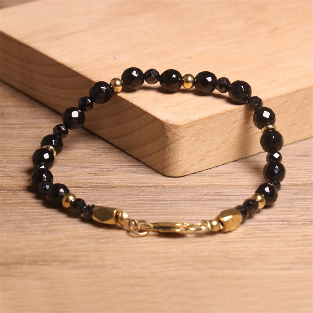 Adjustable Natural Faceted Beaded Bracelet Black Onyx Stainless Steel Chain Jewelry Gift For Yoga A 4