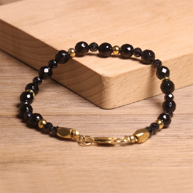 Adjustable Natural Faceted Beaded Bracelet Black Onyx Stainless Steel Chain Jewelry Gift For Yoga A 4