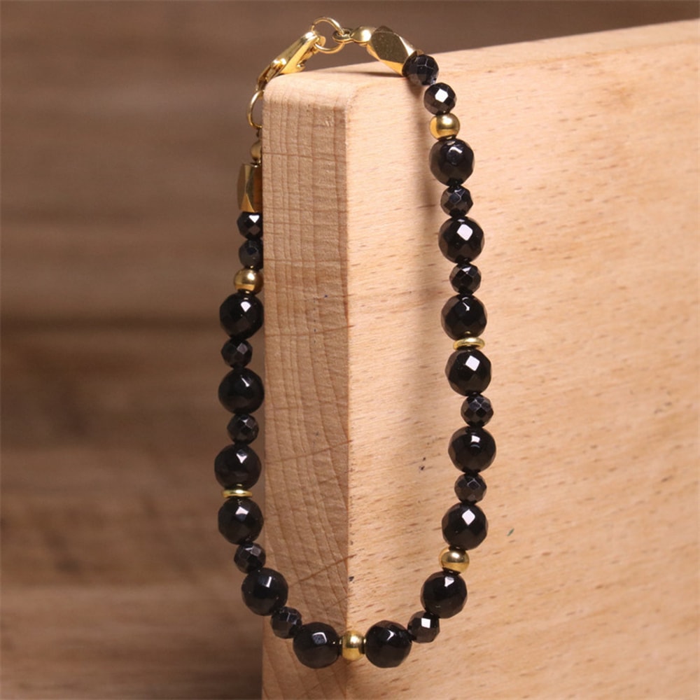 Adjustable Natural Faceted Beaded Bracelet Black Onyx Stainless Steel Chain Jewelry Gift For Yoga A 5