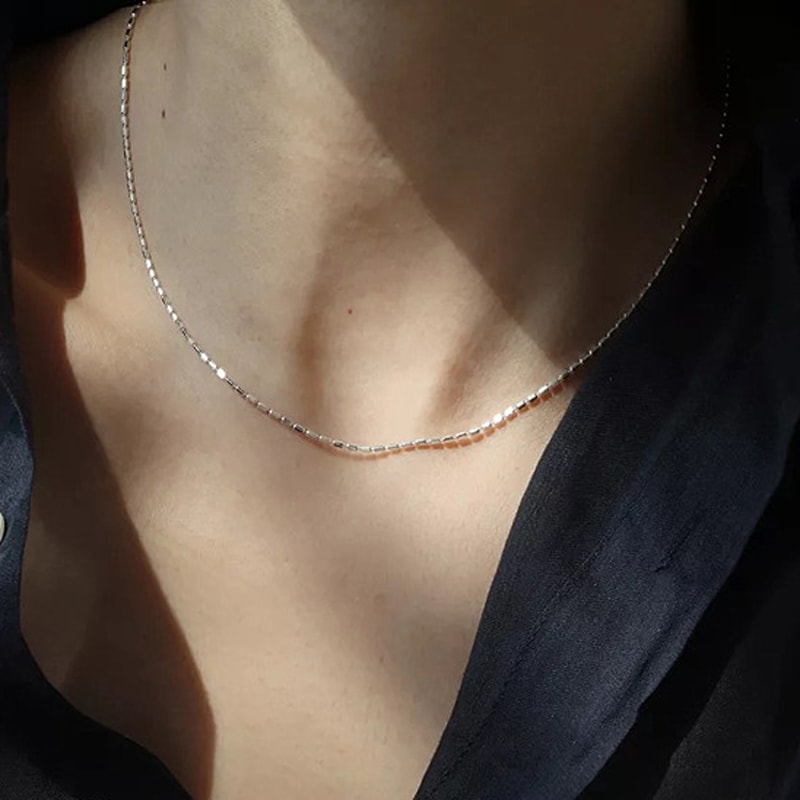 Shiny Sterling Silver Necklace With Geometric Beads Choker Delicate Collarbone Chain For Women Fash