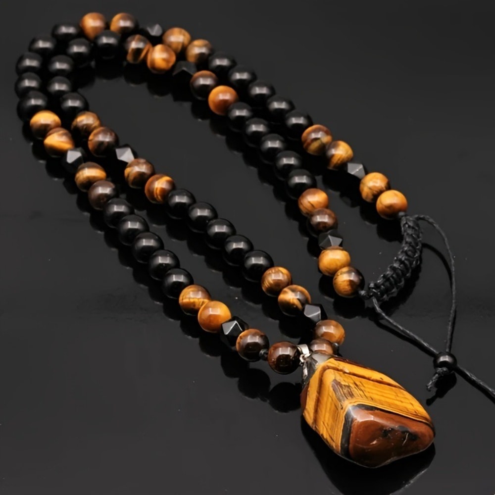 Personalized Tiger Eye Stone Beaded Necklace Irregular Pendant Black Color Mens Fashion Pendant Nec 1