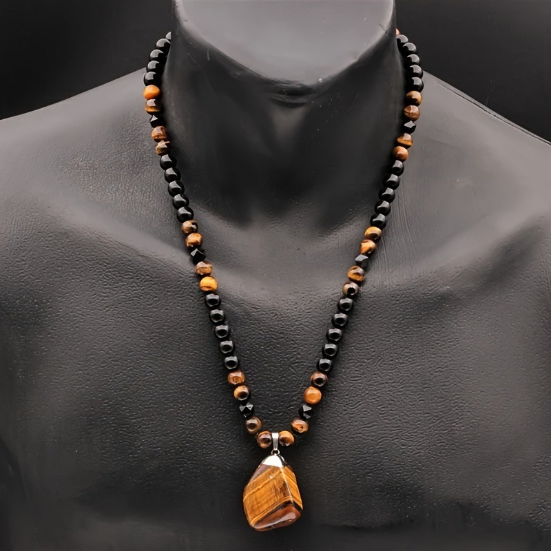 Personalized Tiger Eye Stone Beaded Necklace Irregular Pendant Black Color Mens Fashion Pendant Nec 2