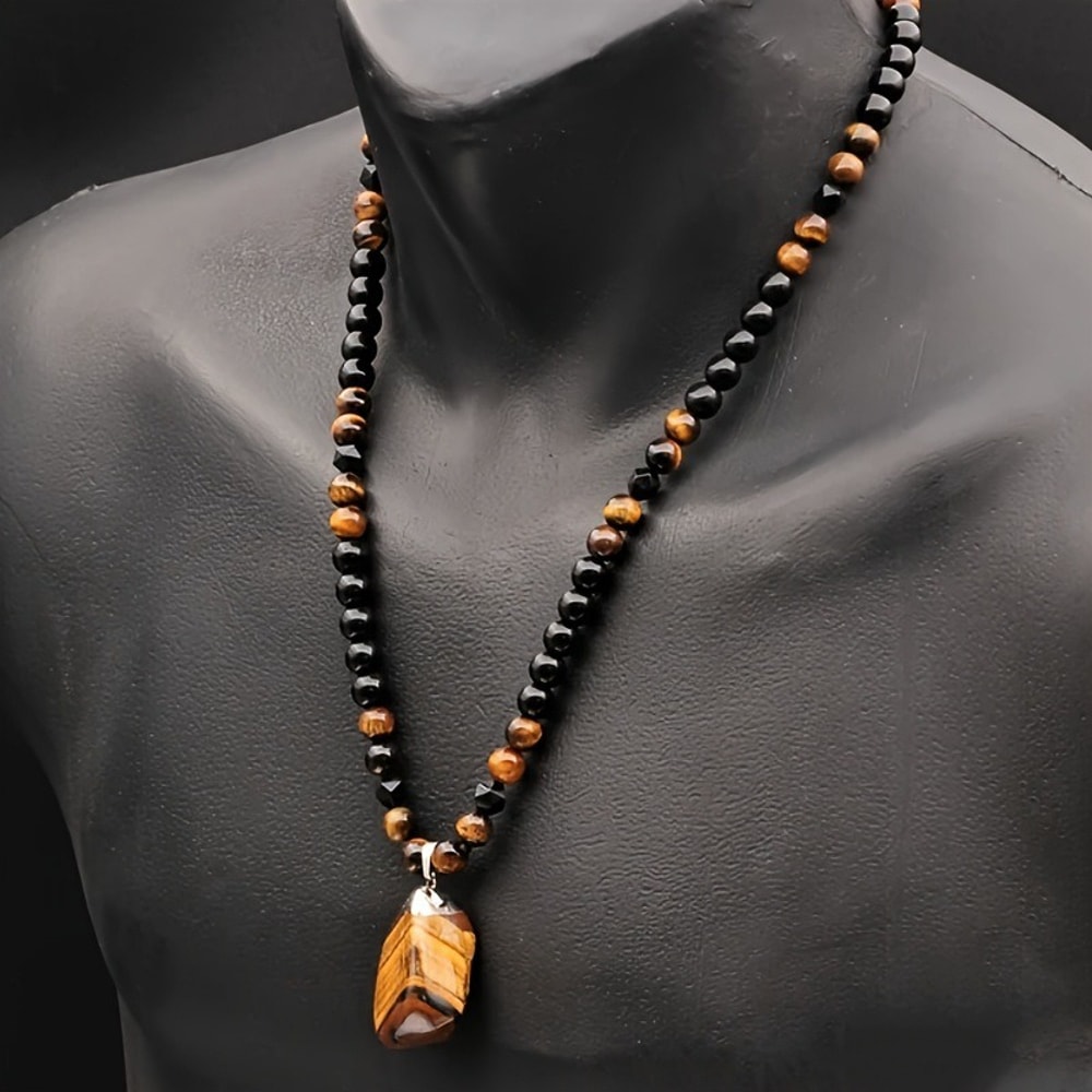 Personalized Tiger Eye Stone Beaded Necklace Irregular Pendant Black Color Mens Fashion Pendant Nec 3