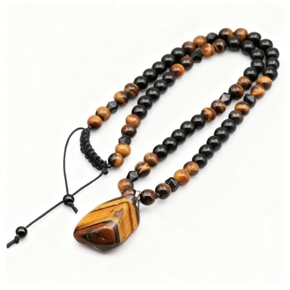 Personalized Tiger Eye Stone Beaded Necklace Irregular Pendant Black Color Mens Fashion Pendant Nec 0