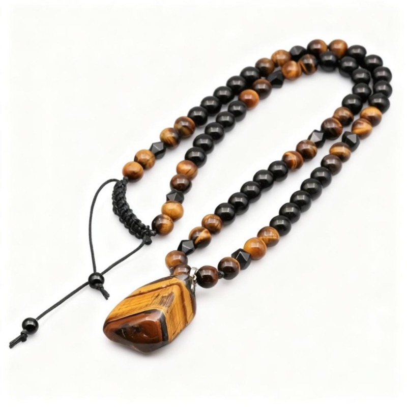 Personalized Tiger Eye Stone Beaded Necklace Irregular Pendant Black Color Mens Fashion Pendant Nec 0