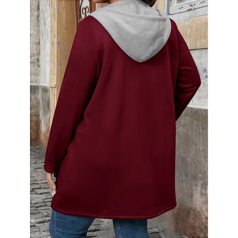 Plus Size Women's Coat, Elegant Solid Color Two-Tone Hooded Cardigan with Pockets and Drawstring for Autumn Winter