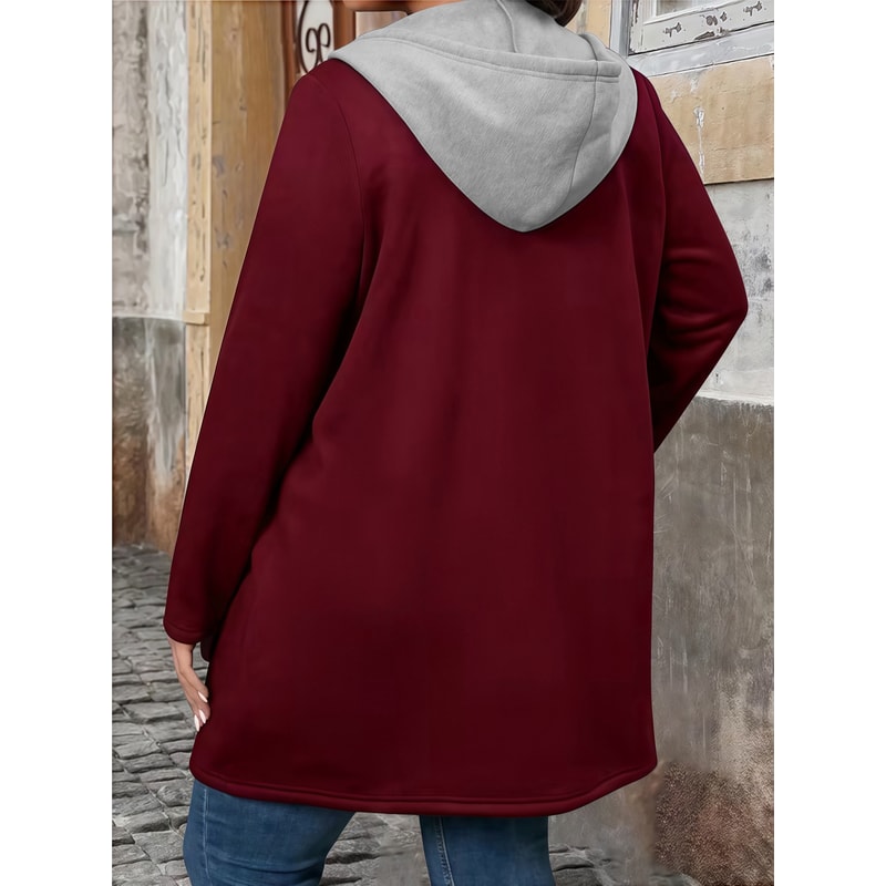Plus Size Women's Coat, Elegant Solid Color Two-Tone Hooded Cardigan with Pockets and Drawstring for Autumn Winter