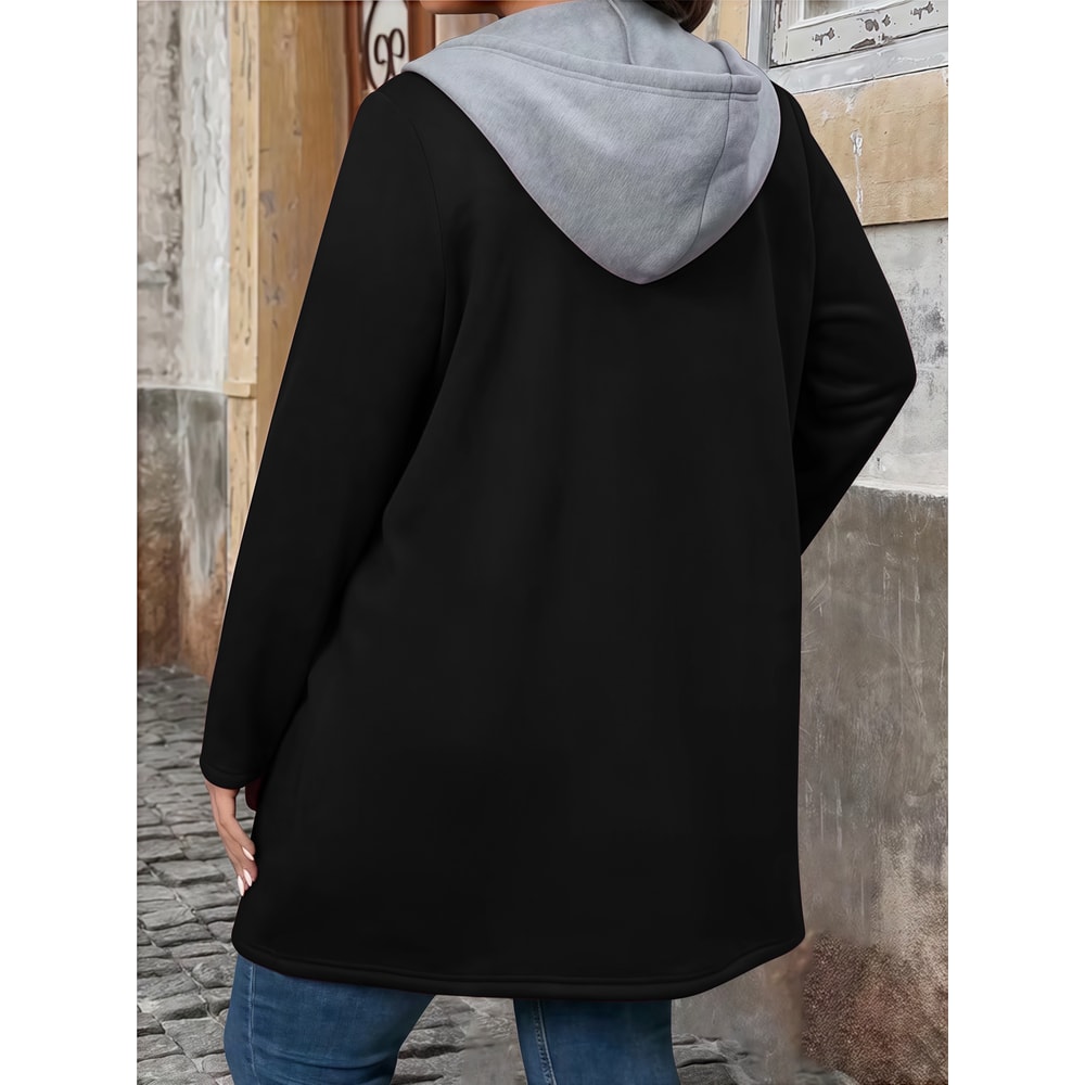 Plus Size Women's Coat, Elegant Solid Color Two-Tone Hooded Cardigan with Pockets and Drawstring for Autumn Winter