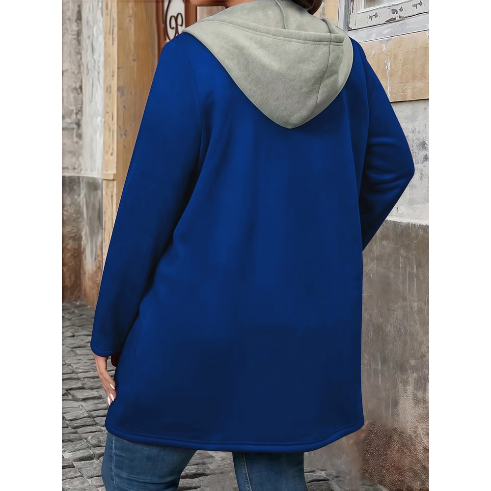 Plus Size Women's Coat, Elegant Solid Color Two-Tone Hooded Cardigan with Pockets and Drawstring for Autumn Winter