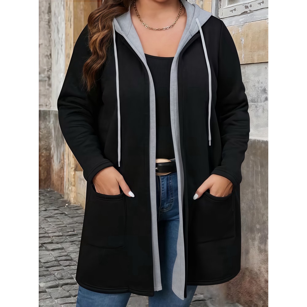 Plus Size Women's Coat, Elegant Solid Color Two-Tone Hooded Cardigan with Pockets and Drawstring for Autumn Winter