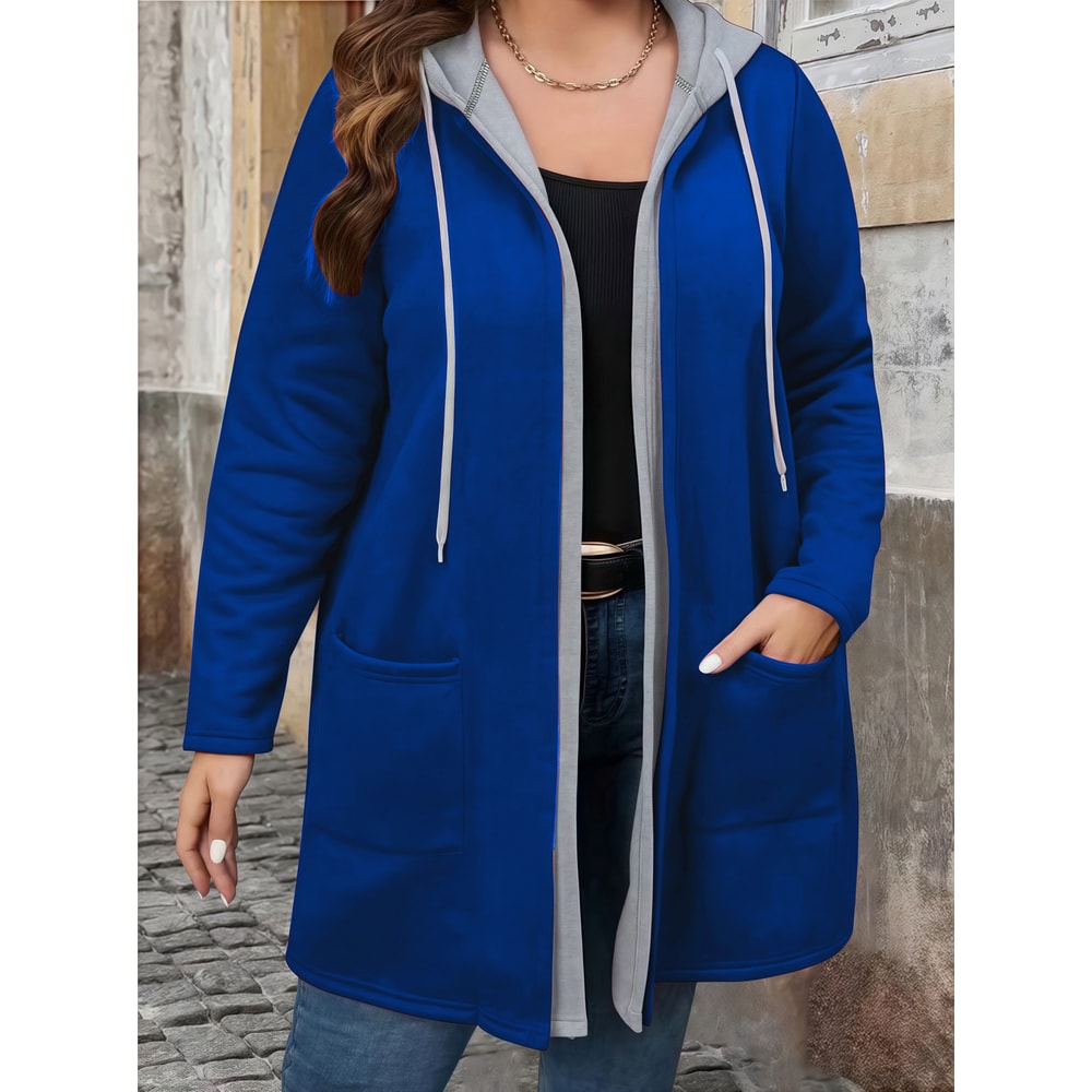 Plus Size Women's Coat, Elegant Solid Color Two-Tone Hooded Cardigan with Pockets and Drawstring for Autumn Winter