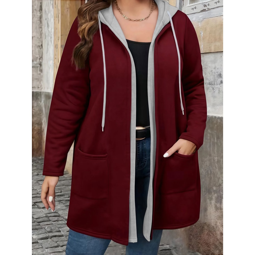 Plus Size Women's Coat, Elegant Solid Color Two-Tone Hooded Cardigan with Pockets and Drawstring for Autumn Winter