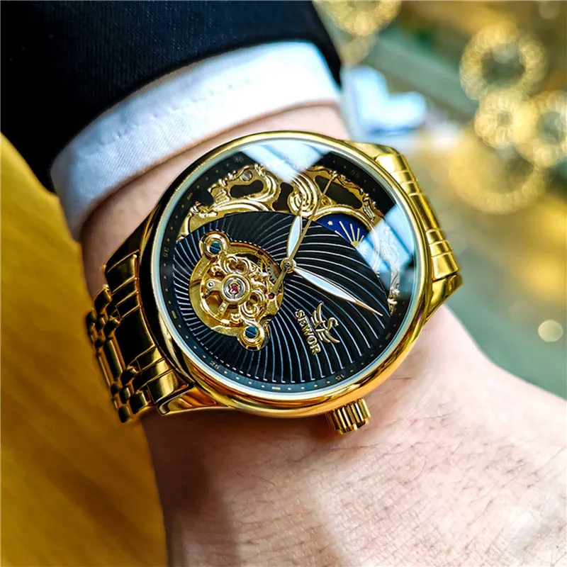 Luxury Gold Skeleton Mens Watch Retro Tourbillon Mechanical Automatic Moon Phase Stainless Steel 0