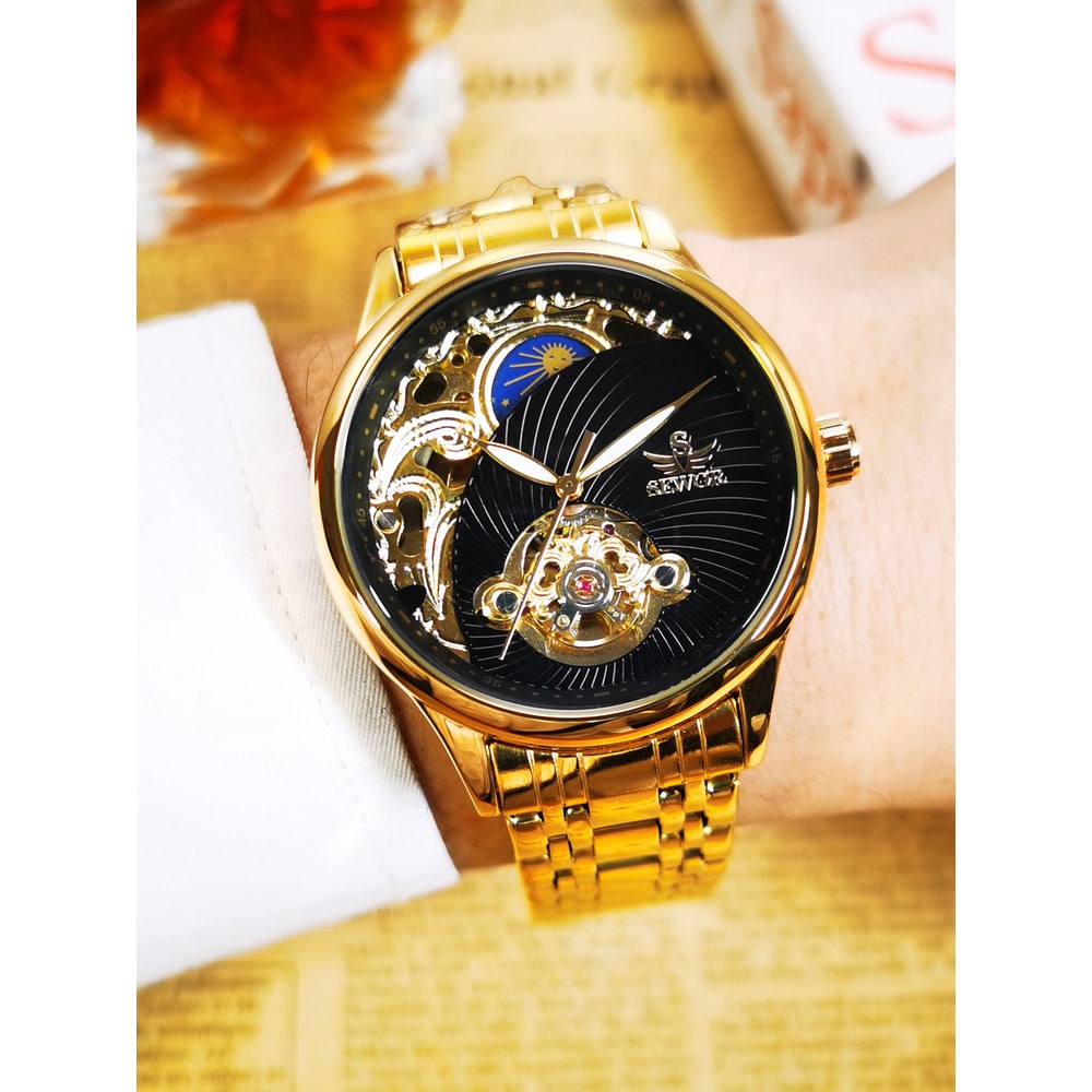 Luxury Gold Skeleton Mens Watch Retro Tourbillon Mechanical Automatic Moon Phase Stainless Steel 1