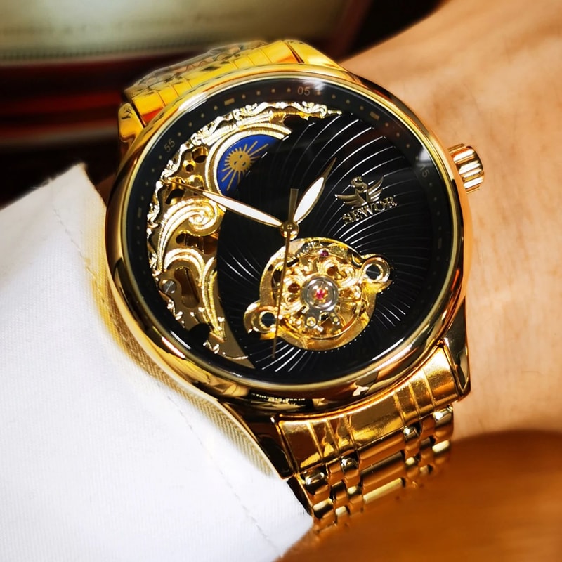 Luxury Gold Skeleton Mens Watch Retro Tourbillon Mechanical Automatic Moon Phase Stainless Steel 2