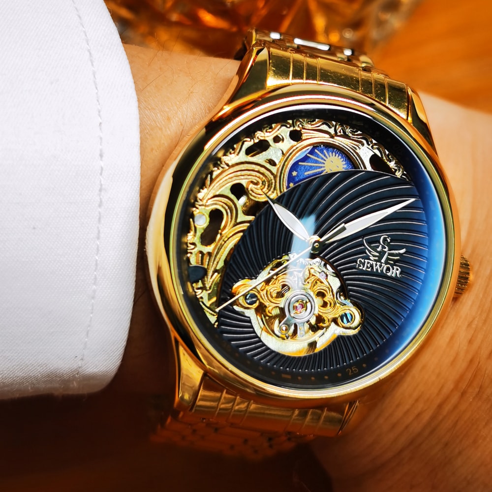 Luxury Gold Skeleton Mens Watch Retro Tourbillon Mechanical Automatic Moon Phase Stainless Steel 3