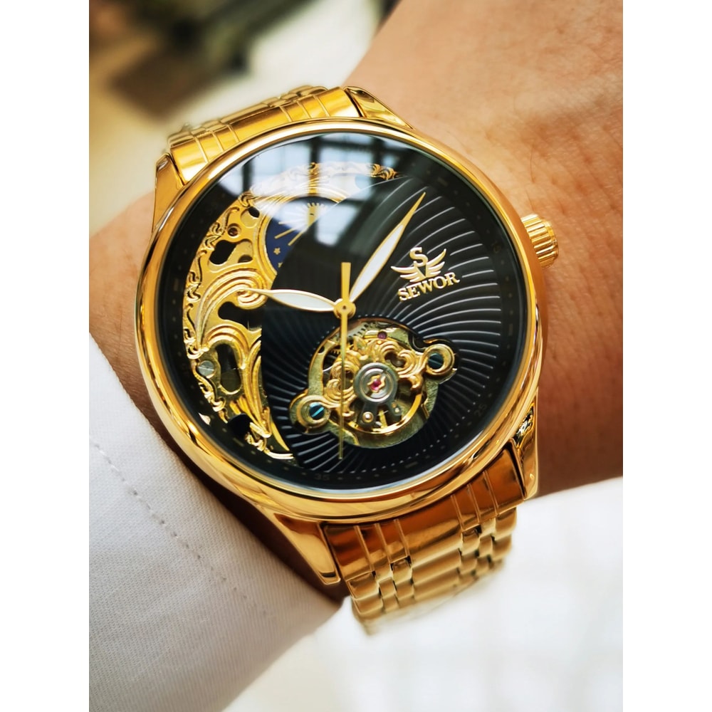 Luxury Gold Skeleton Mens Watch Retro Tourbillon Mechanical Automatic Moon Phase Stainless Steel 4