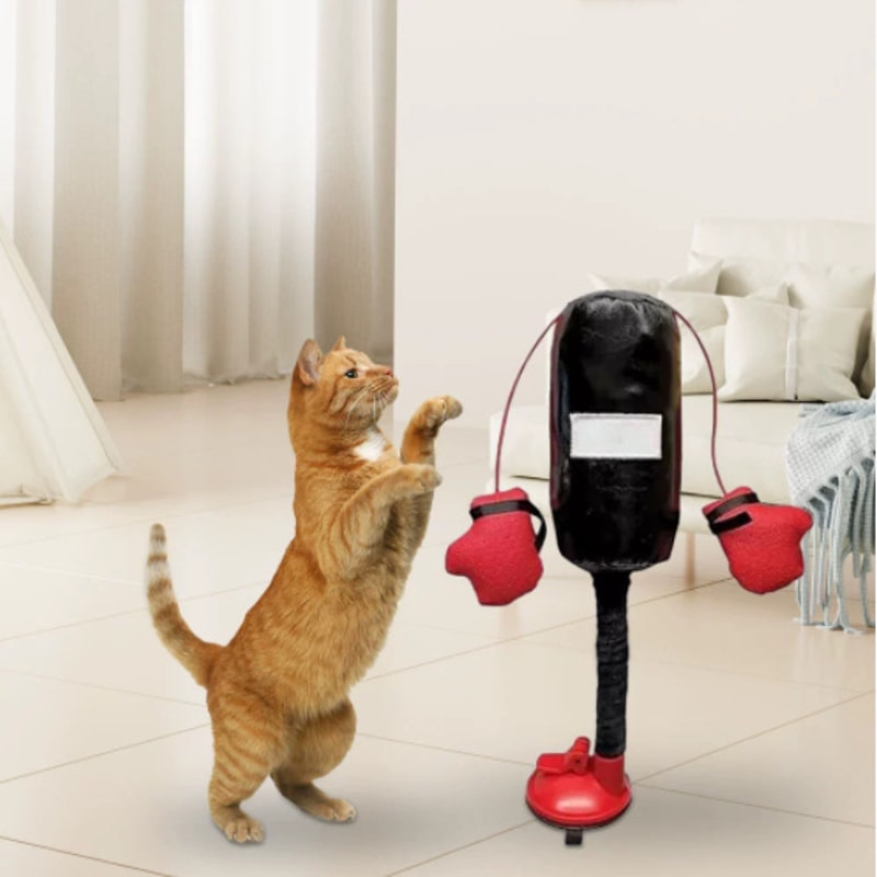 Cartoon Cat Punching Bag Toy with Boxing Gloves for Adult Cats and Kittens Indoor Use Suction Cup