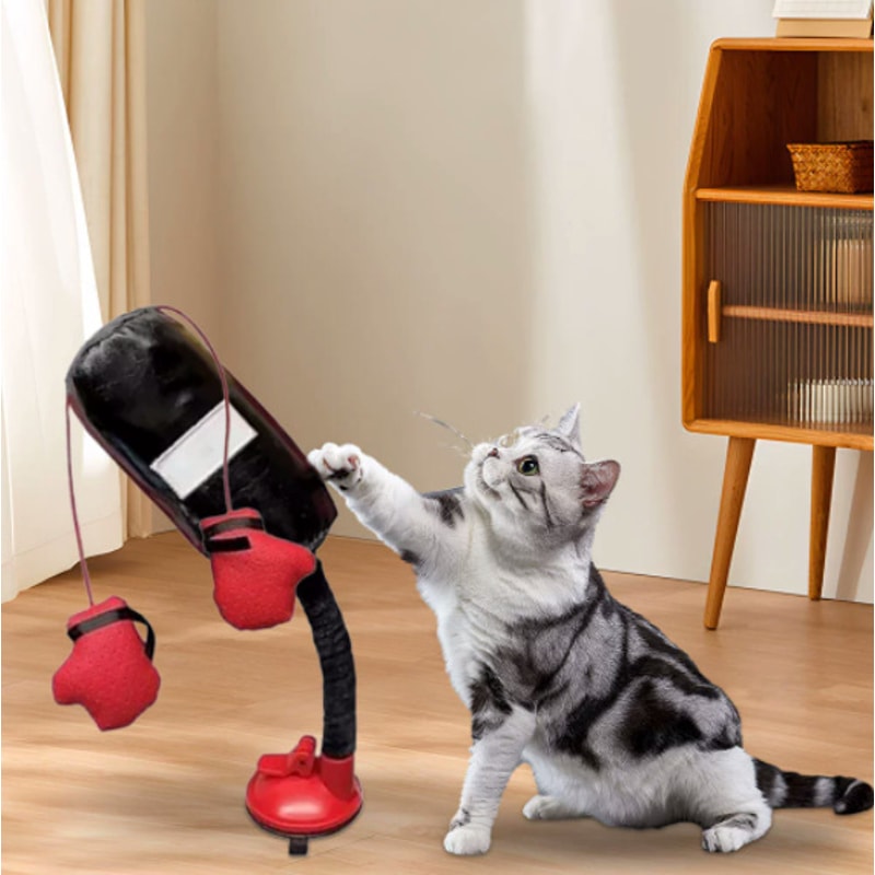 Cartoon Cat Punching Bag Toy with Boxing Gloves for Adult Cats and Kittens Indoor Use Suction Cup