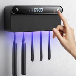 uv sterilizer toothbrush holder, toothpaste squeezer dispenser, smart led display timed bathroom accessories set