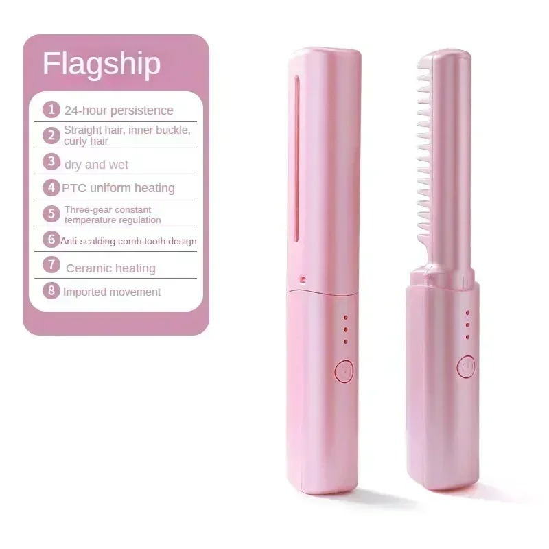 Fast Heating Wireless Hair Straightener Curler Comb, Negative Ion Ceramic Styling, Women Hair Tool for Home Travel