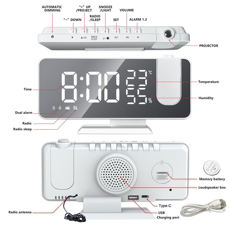 Electronic Desktop LED Alarm Clock With USB Wake Up FM Radio Time Projector Snooze And Dual Alarms 2