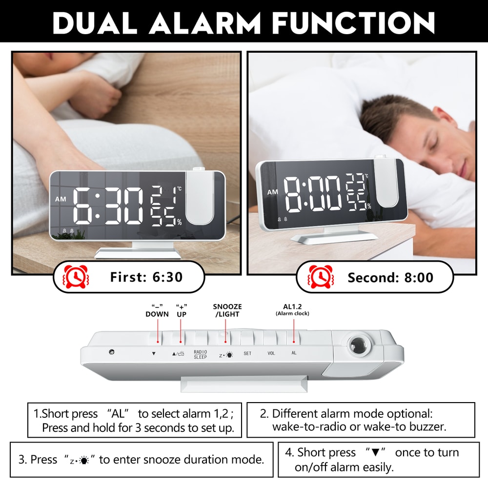 Electronic Desktop LED Alarm Clock With USB Wake Up FM Radio Time Projector Snooze And Dual Alarms 4
