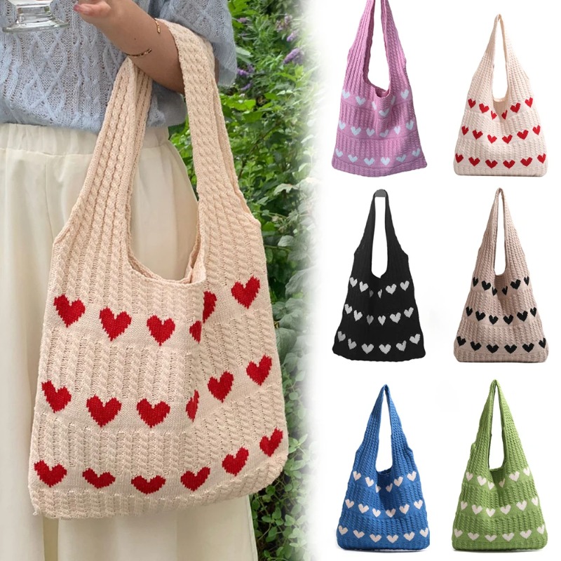 Woven Beach Purses Heart Print Hollow Knitted Handbags Large Capacity Shoulder Bag Fashion Casual S 0