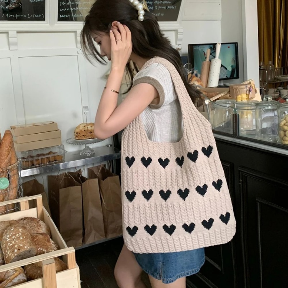 Woven Beach Purses Heart Print Hollow Knitted Handbags Large Capacity Shoulder Bag Fashion Casual S 4