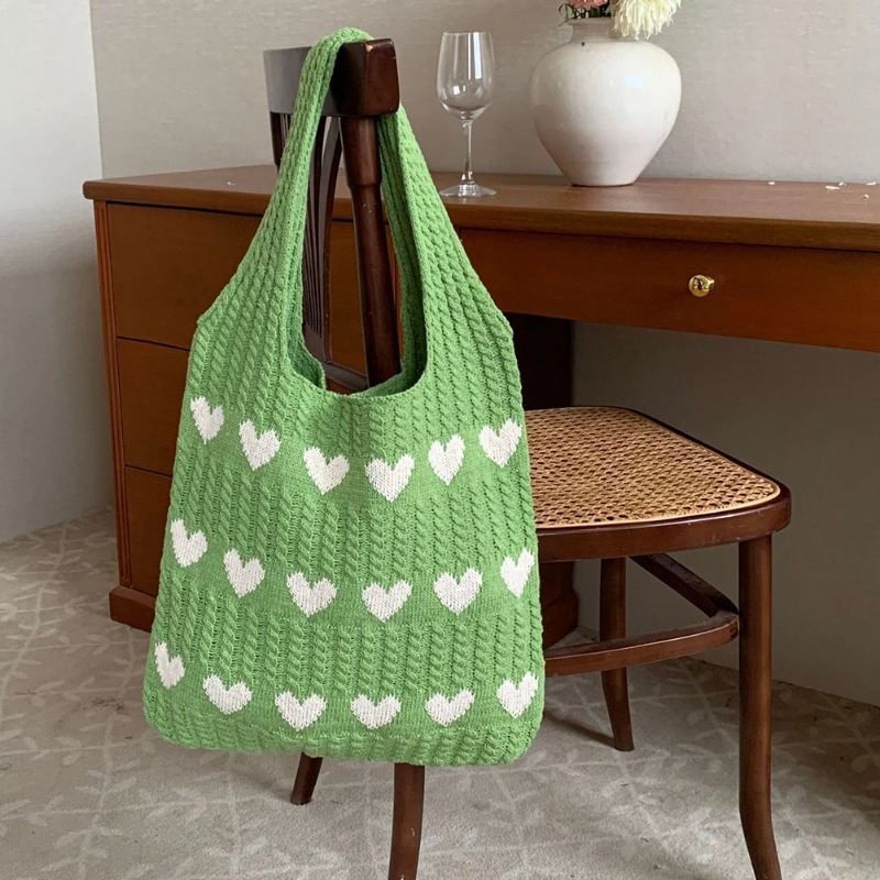Woven Beach Purses Heart Print Hollow Knitted Handbags Large Capacity Shoulder Bag Fashion Casual S 1