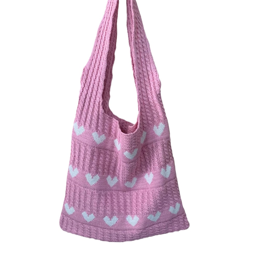 Woven Beach Purses Heart Print Hollow Knitted Handbags Large Capacity Shoulder Bag Fashion Casual S 5