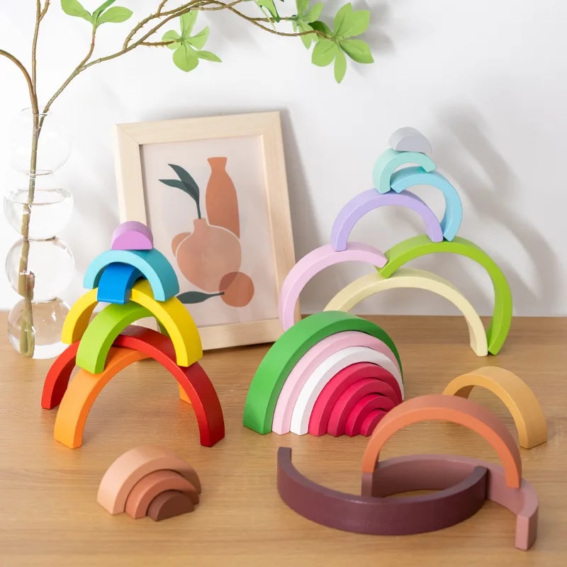 Rainbow Arch Bridge Wooden Stacking Blocks Game For Children Color Cognitive Montessori Educational 1