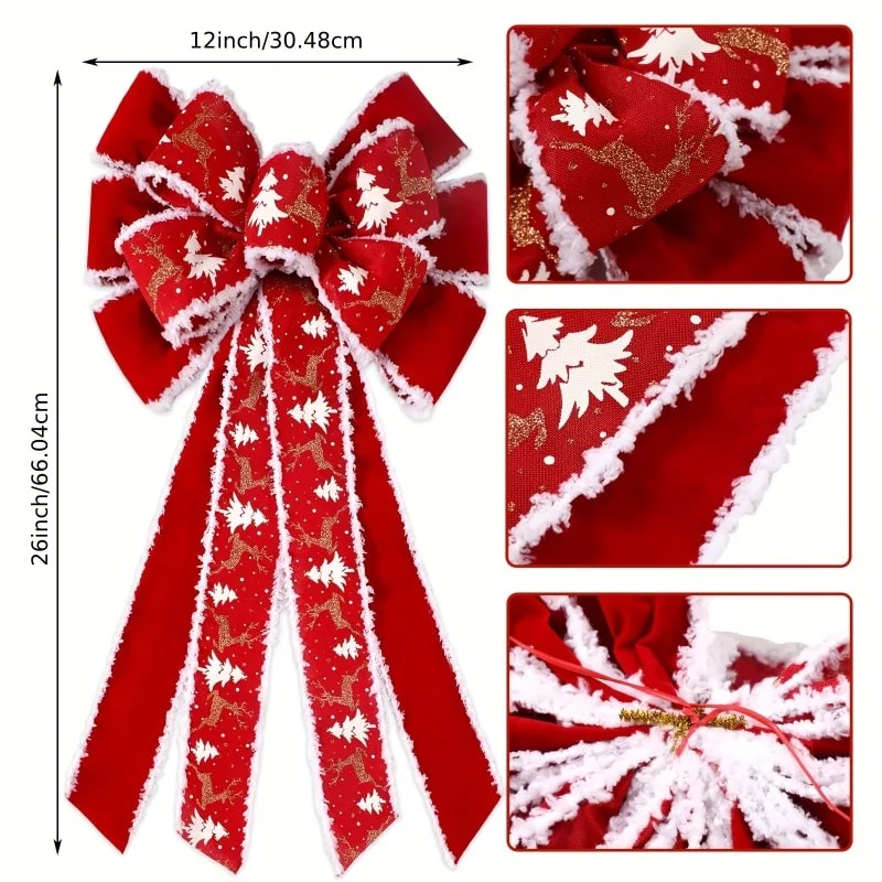 Velvet Glitter Extra Large Red Christmas Wreath Bows Design For Holiday Tree Decor 3