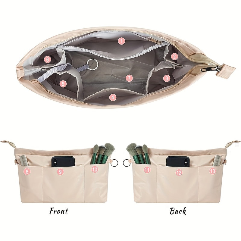 Lightweight Zippered Storage Nylon Tote Foldable Cosmetic Organizer Pockets Toiletry Bag Insert Bat 3