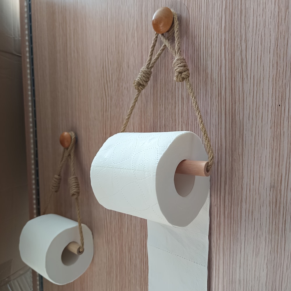 Decorative Bathroom Tissue Dispenser WallMounted Rustic Hemp Rope Wooden Stick Toilet Paper Holder 0