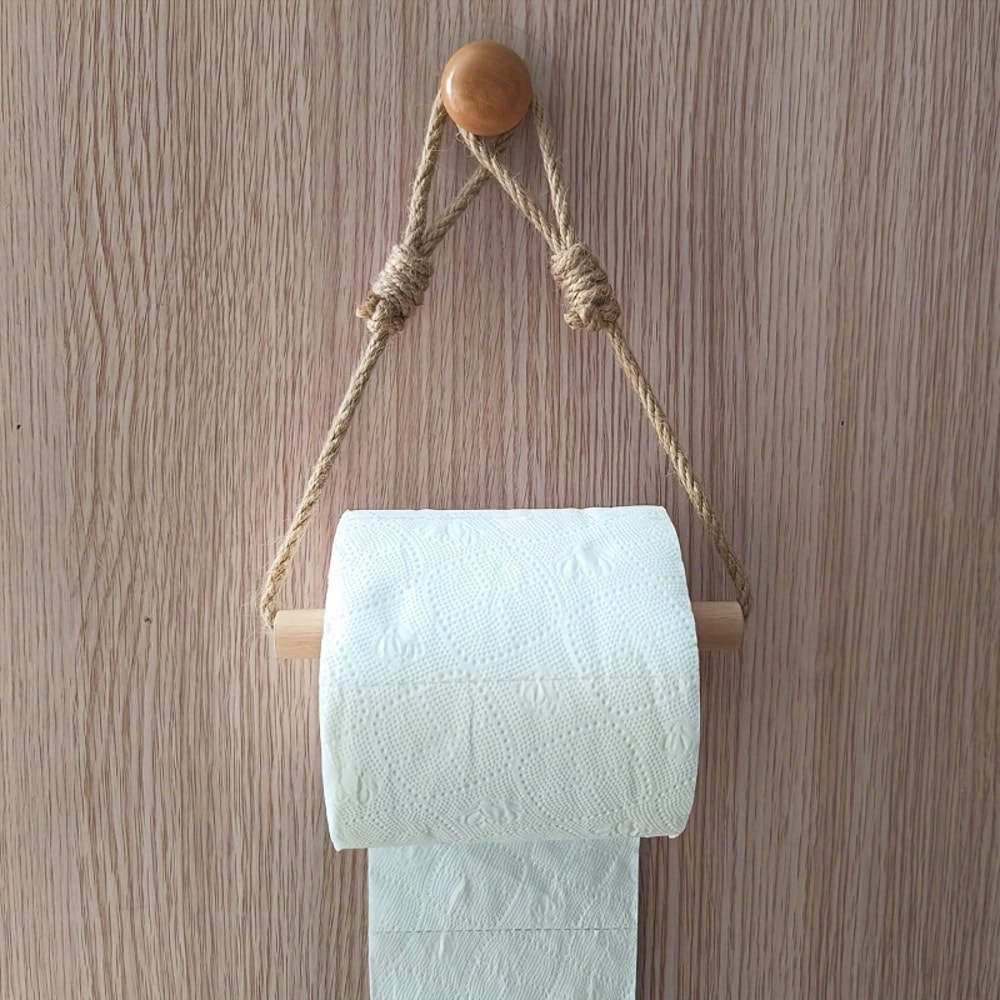 Decorative Bathroom Tissue Dispenser WallMounted Rustic Hemp Rope Wooden Stick Toilet Paper Holder 4