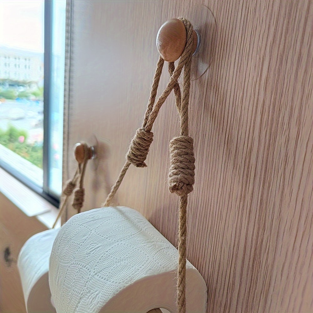 Decorative Bathroom Tissue Dispenser WallMounted Rustic Hemp Rope Wooden Stick Toilet Paper Holder 2