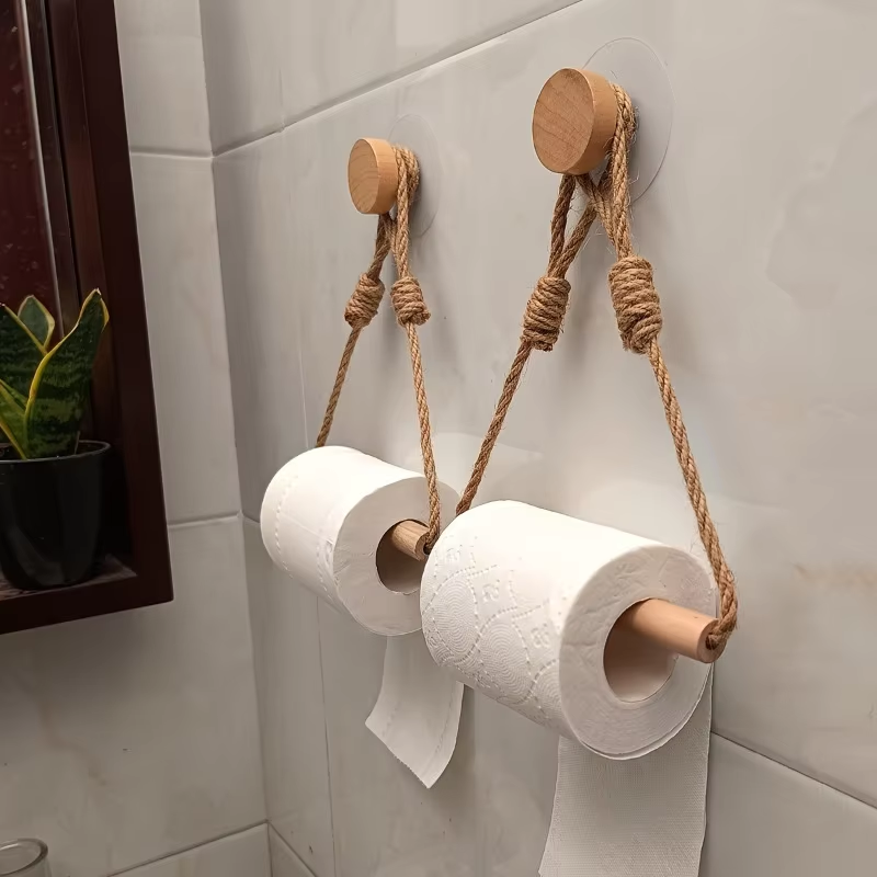 Decorative Bathroom Tissue Dispenser WallMounted Rustic Hemp Rope Wooden Stick Toilet Paper Holder 5