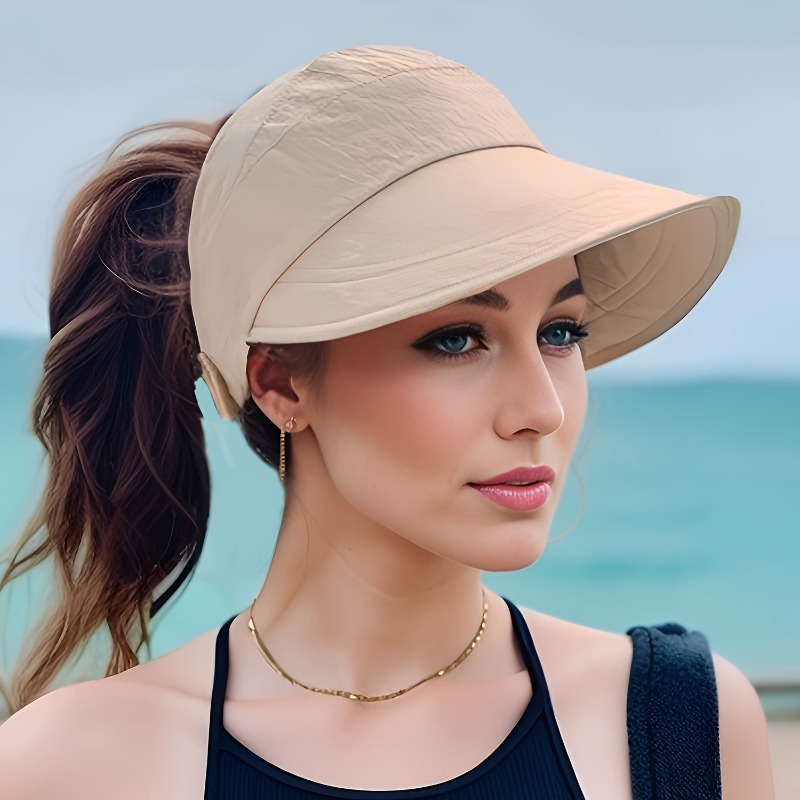 Womens Breathable Sun Hat With Wide Brim UV Protection OpenTop Peaked Visor For Ponytails Summer Ha