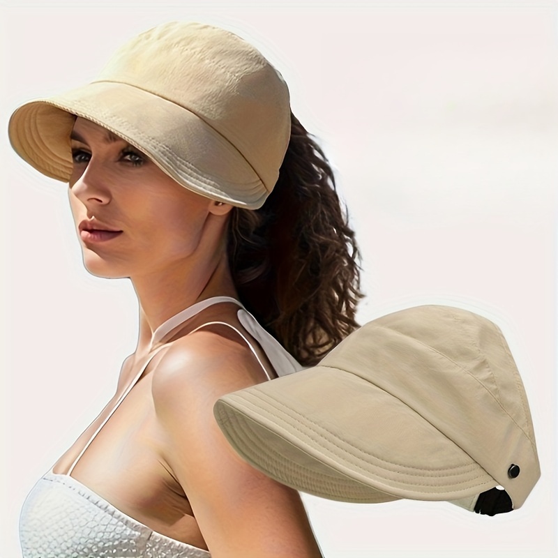 Womens Breathable Sun Hat With Wide Brim UV Protection OpenTop Peaked Visor For Ponytails Summer Ha
