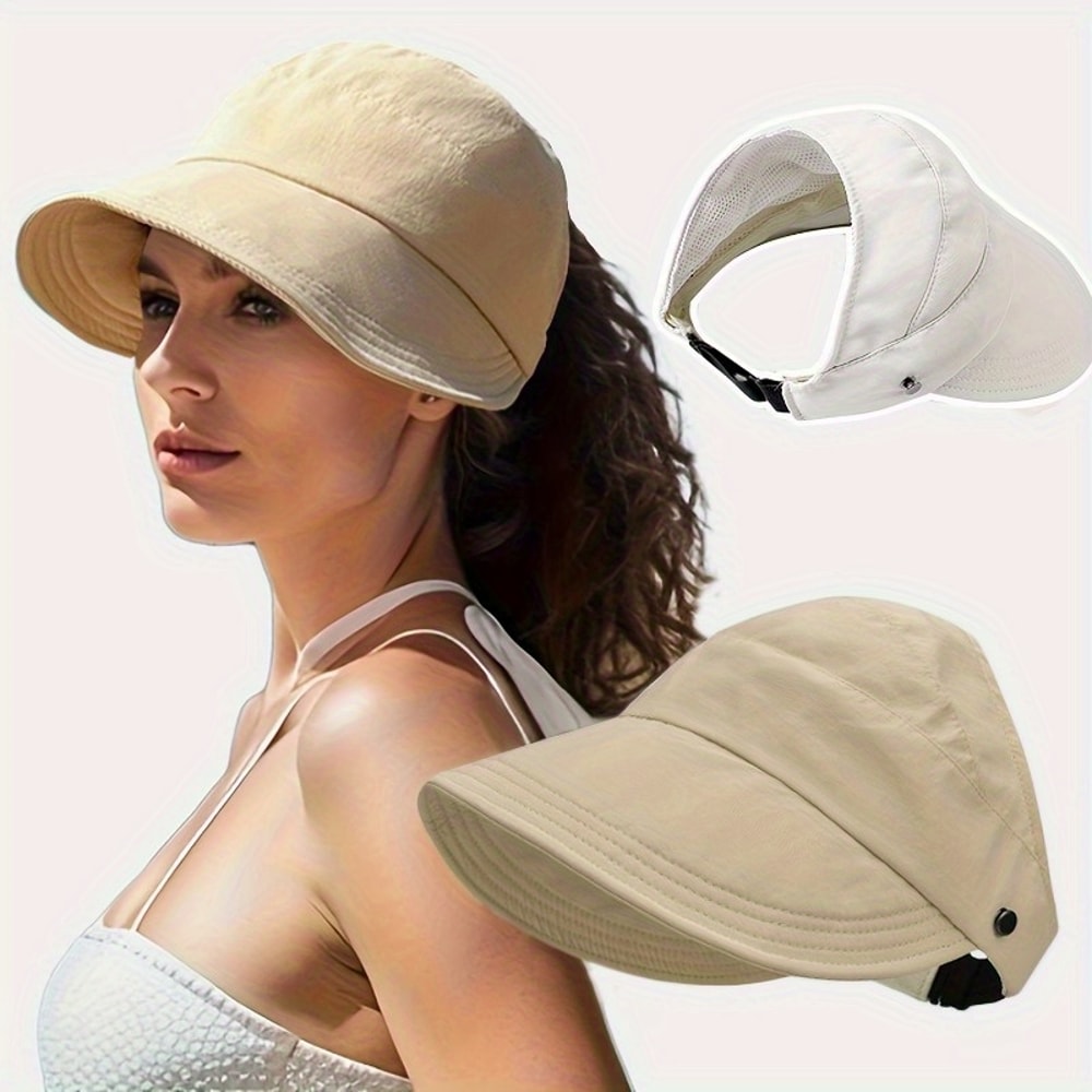 Womens Breathable Sun Hat With Wide Brim UV Protection OpenTop Peaked Visor For Ponytails Summer Ha