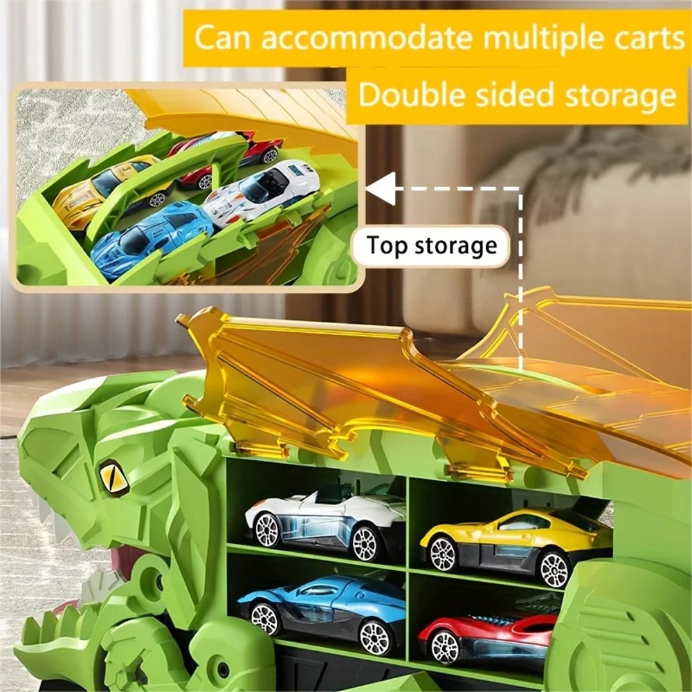 Dinosaur Swallowing Track Deformation Truck Toy With Alloy Racing Car Foldable Transport Storage To 2