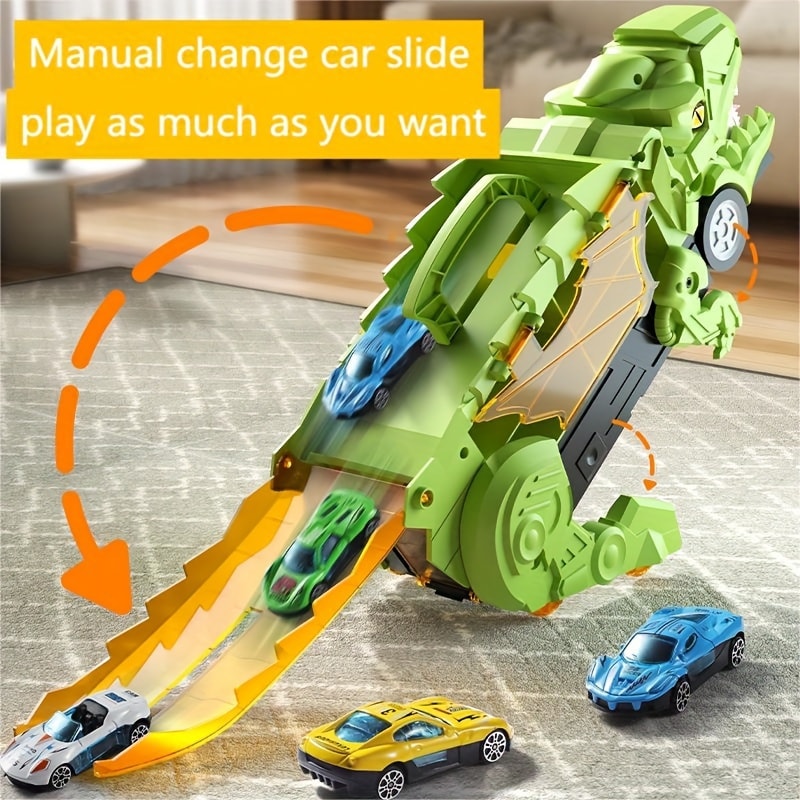 Dinosaur Swallowing Track Deformation Truck Toy With Alloy Racing Car Foldable Transport Storage To 3