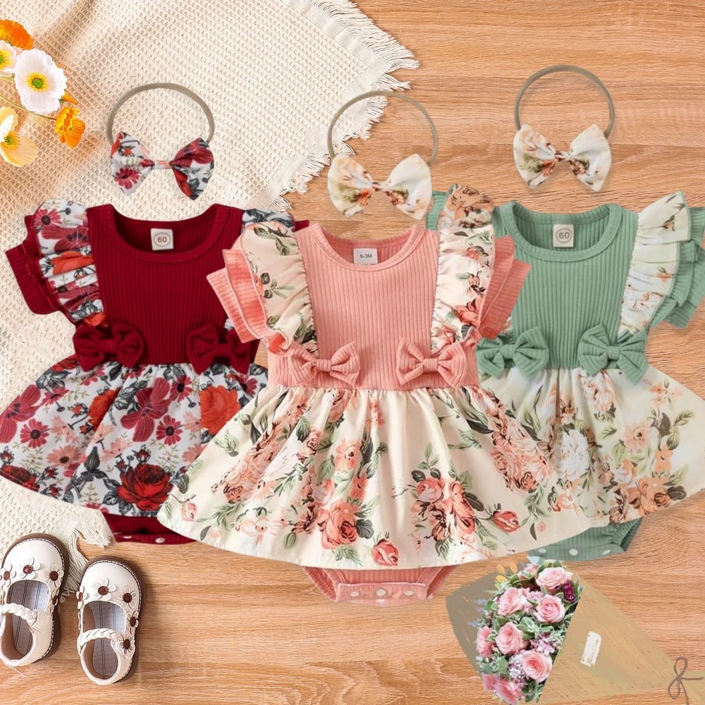 Striped Jumpsuit Summer Dress With Bowknot Headband Cotton Dress For Crawling Clothes Floral Clothe 2