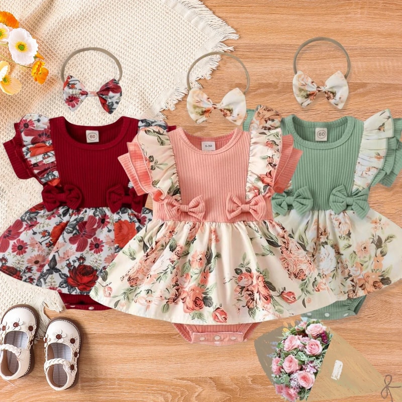 Striped Jumpsuit Summer Dress With Bowknot Headband Cotton Dress For Crawling Clothes Floral Clothe 2